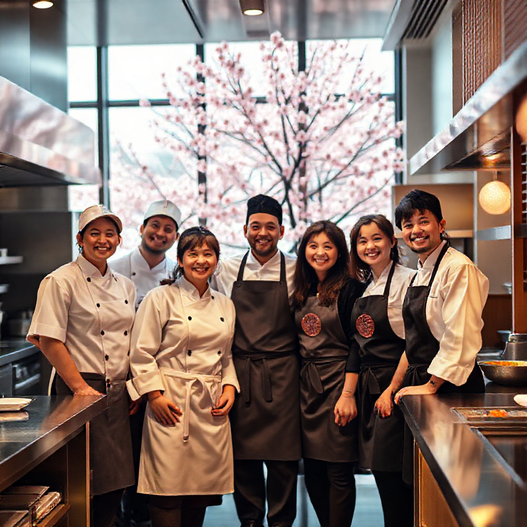 Chef team preparing sushi and ramen