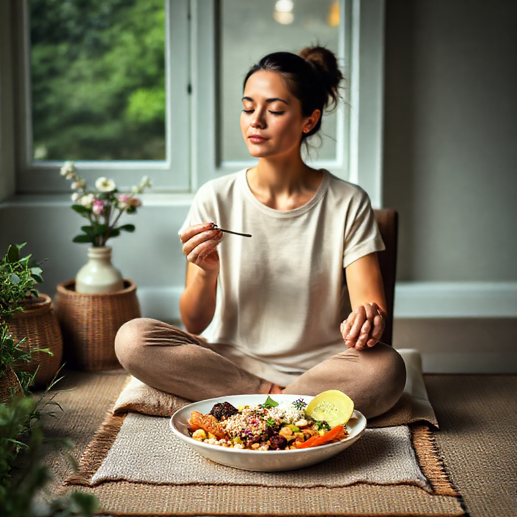 A person sitting quietly in nature while eating a simple meal