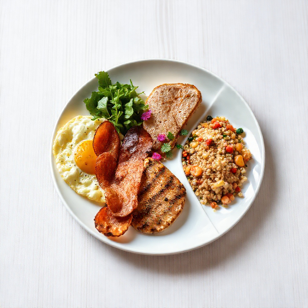 Colorful plates of breakfast, lunch, and dinner