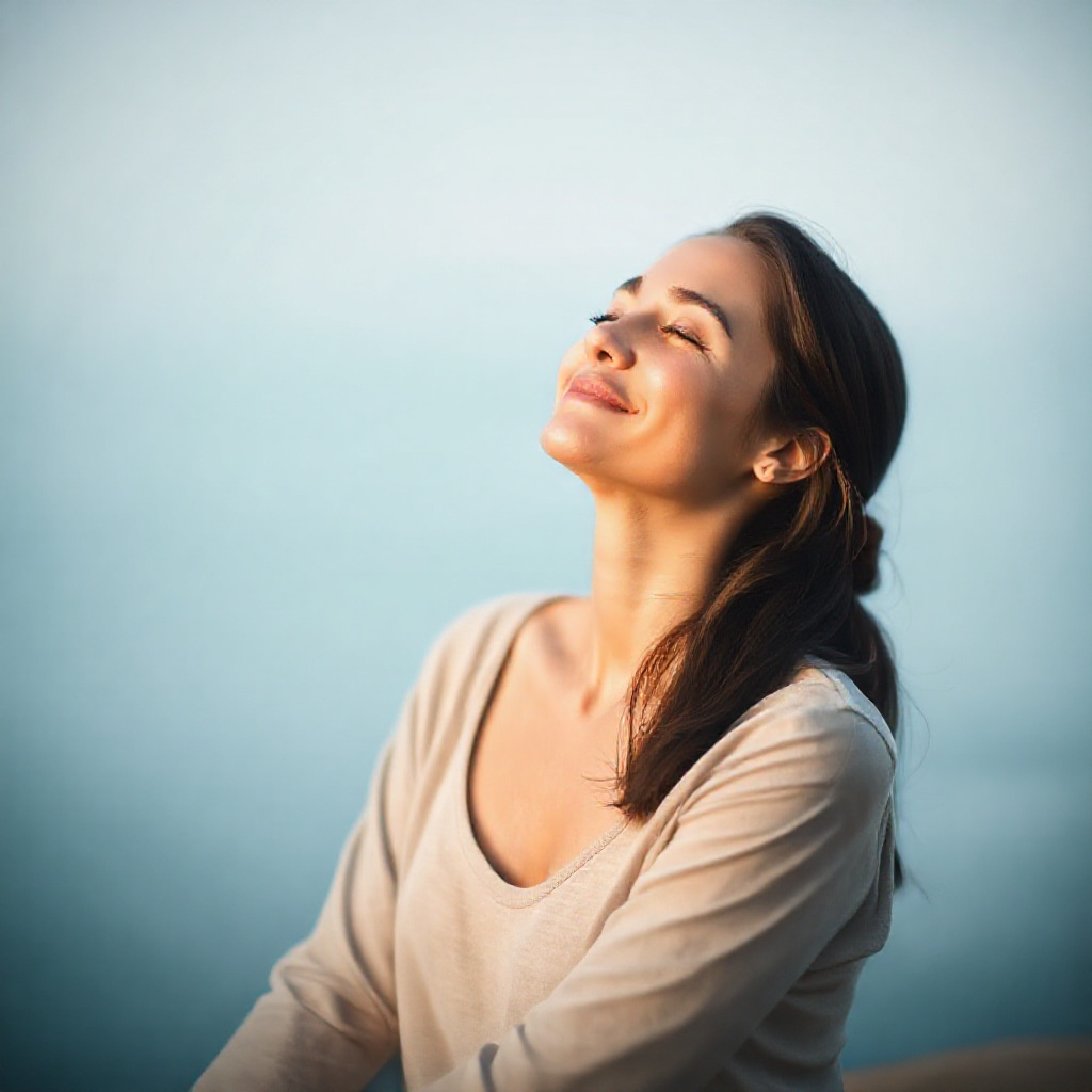 Person practicing deep breathing in a peaceful setting