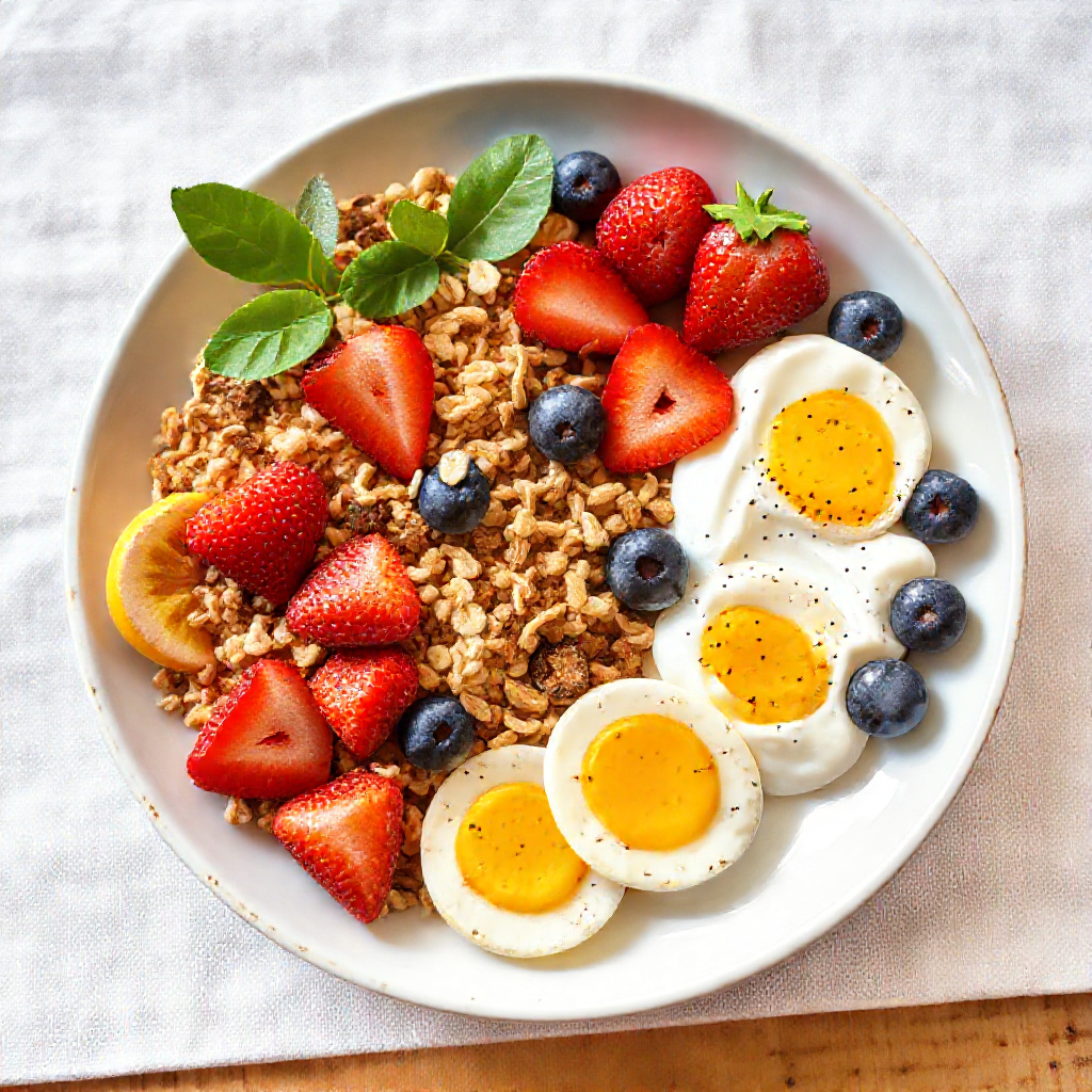Colorful healthy breakfast: avocado toast, eggs, fruit, and greens