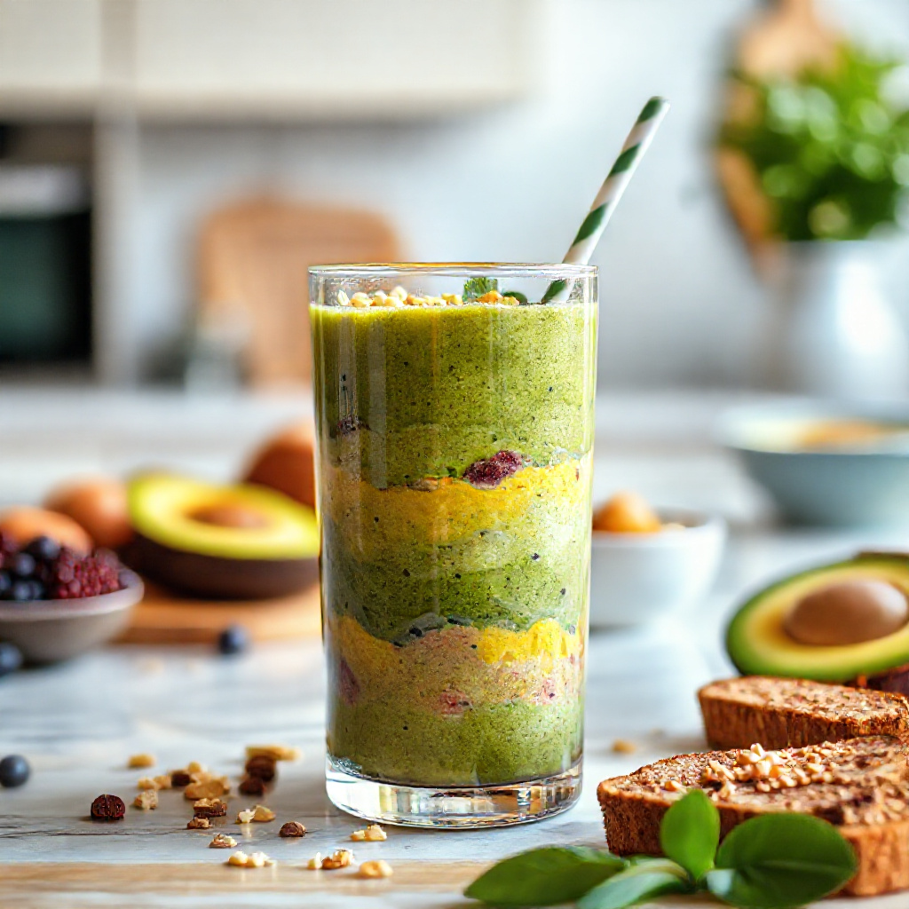 Healthy smoothie and breakfast setup