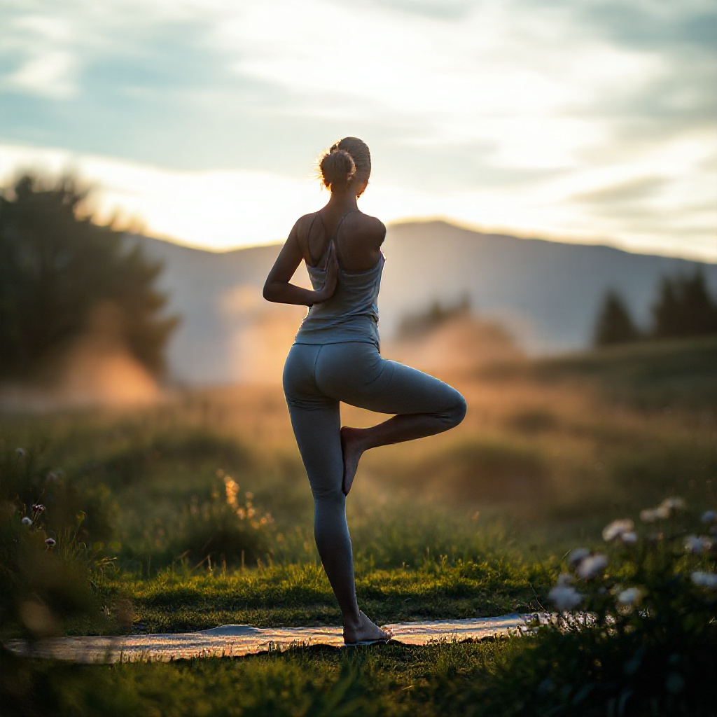 A woman doing yoga in the morning sunlight