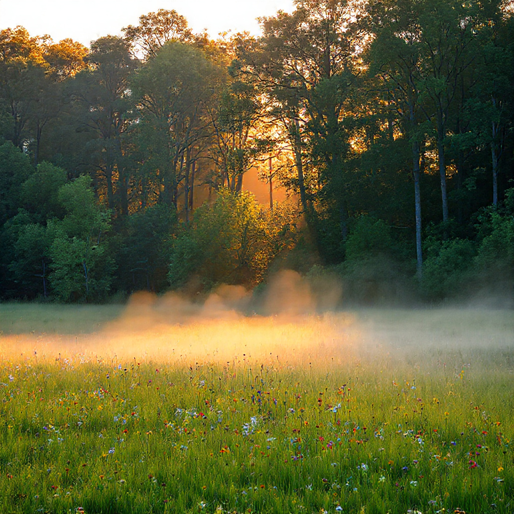 Peaceful forest meadow at dawn