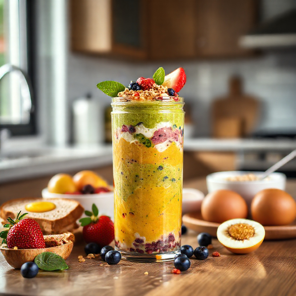 Healthy breakfast with smoothie and fresh fruit