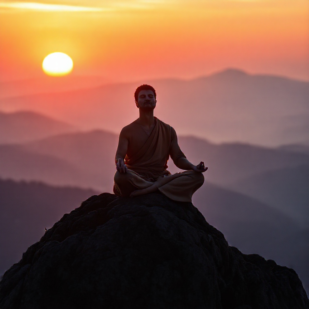 Person meditating at the top of a mountain as the sun sets