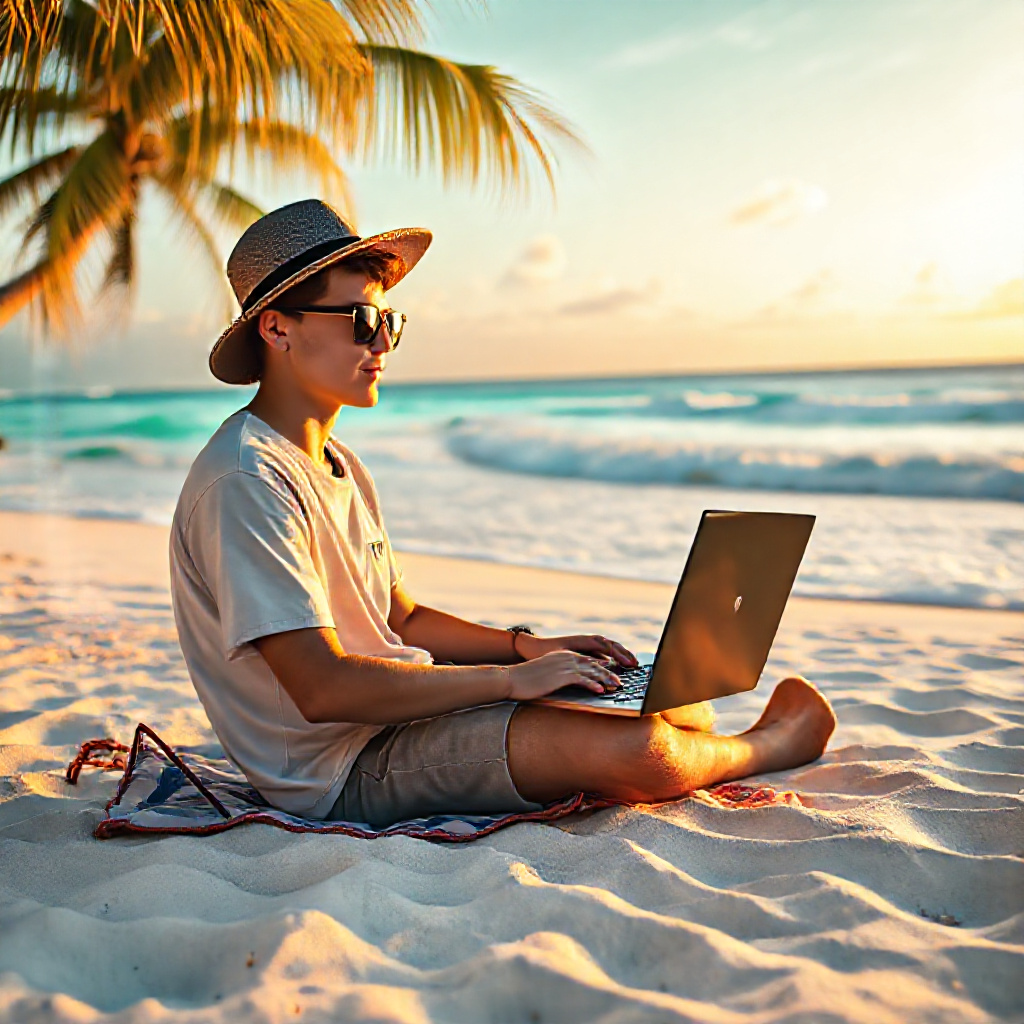 Remote worker at a scenic beach location