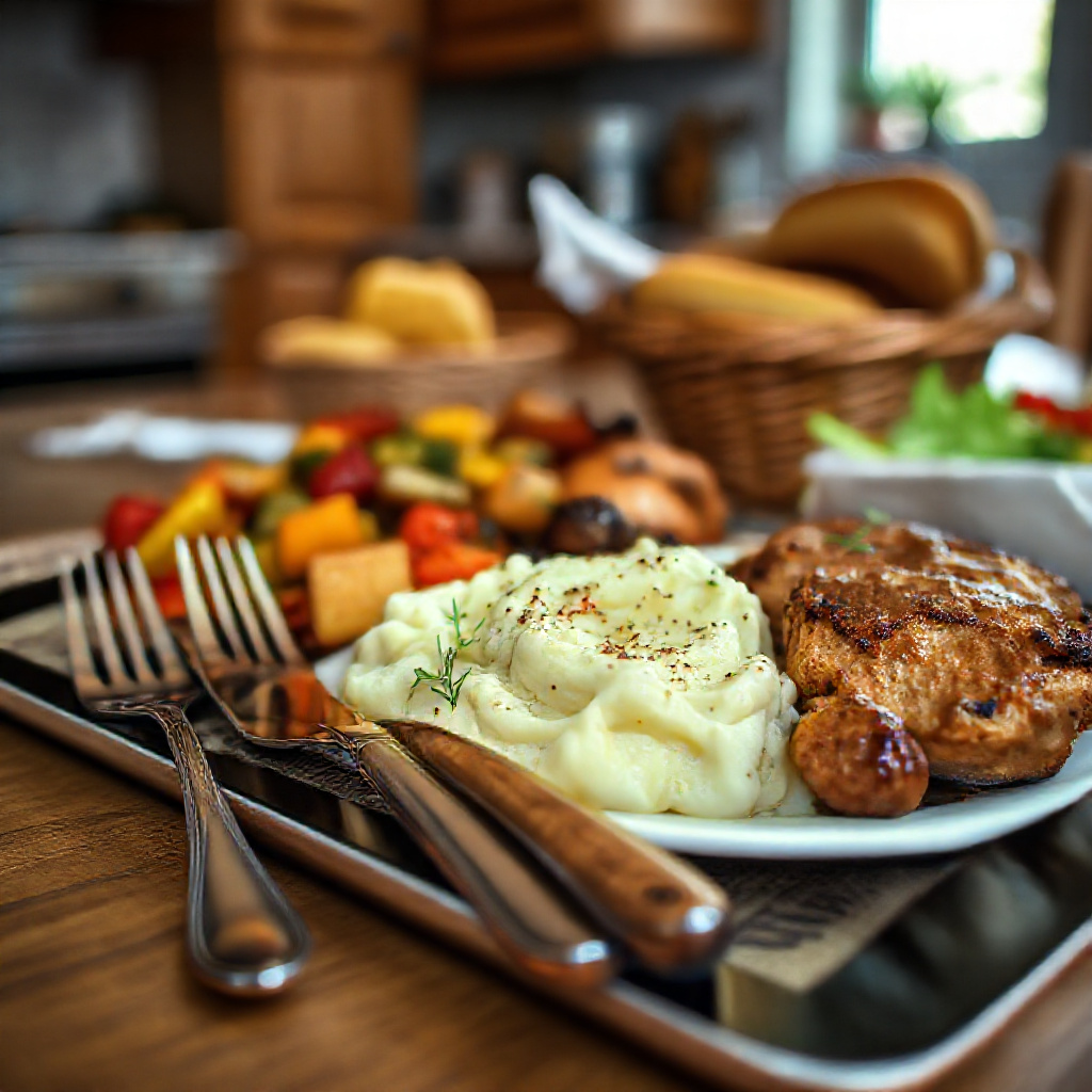 Delicious home-cooked meal with utensils and a tablet showing a meal plan