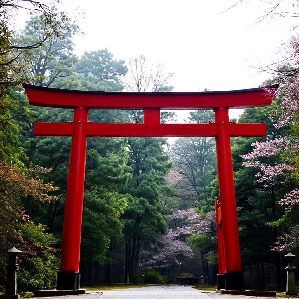 Red torii gate framing the shrines of Meiji Jingu