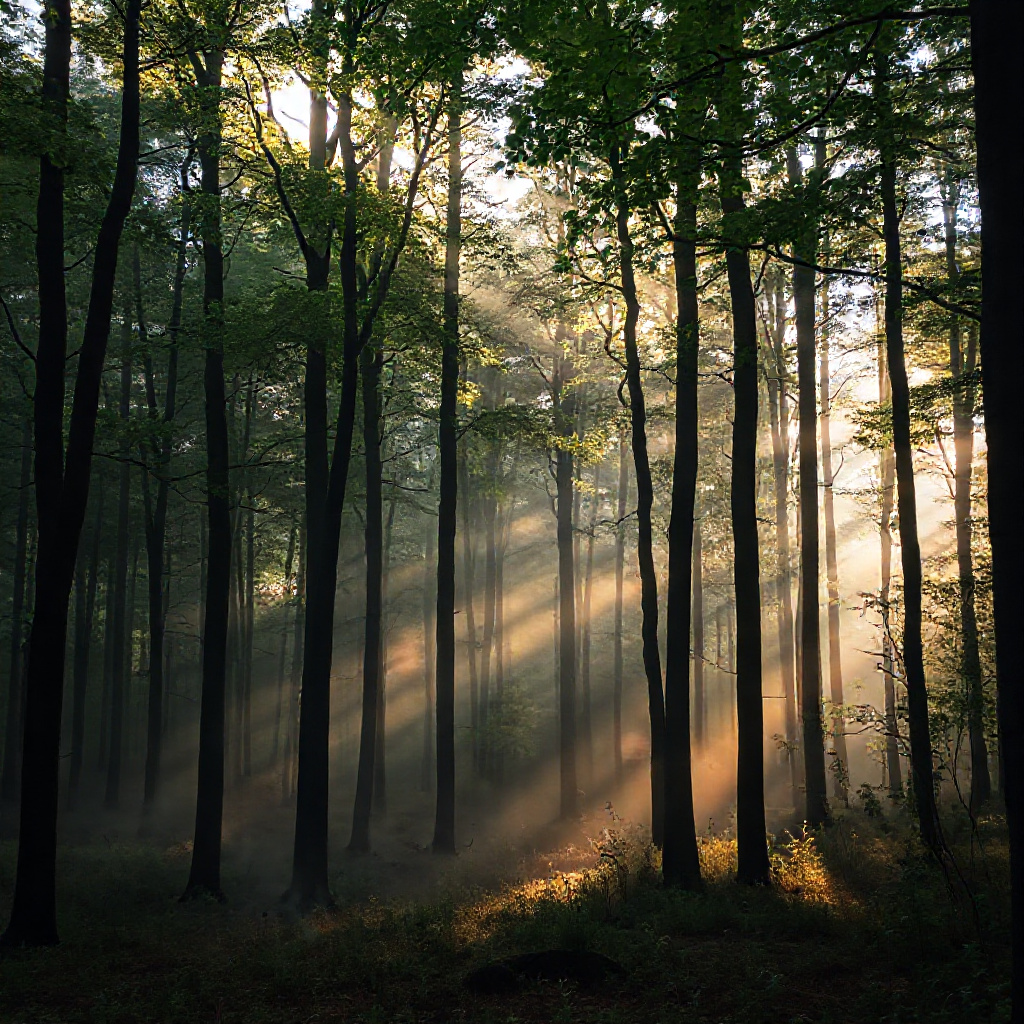 A peaceful forest scene in the early morning