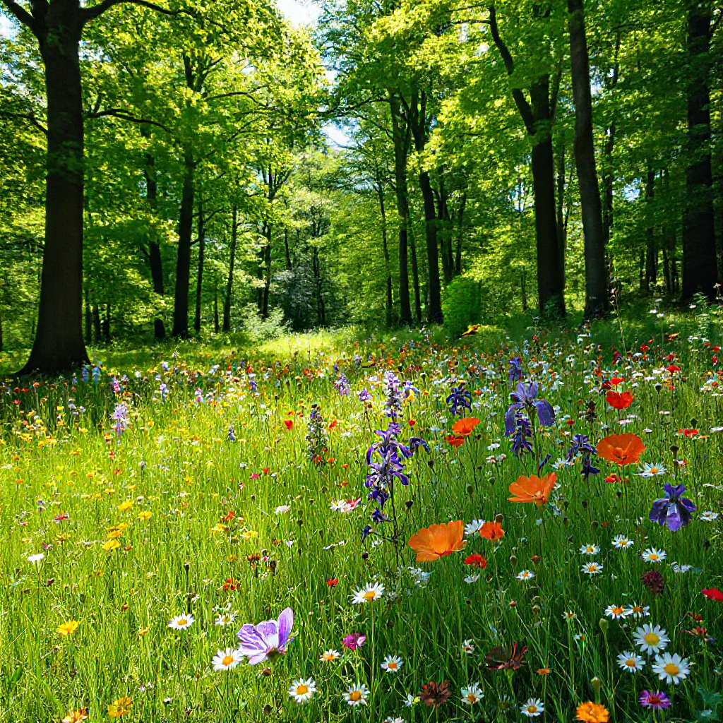 A field of wildflowers in a forest meadow