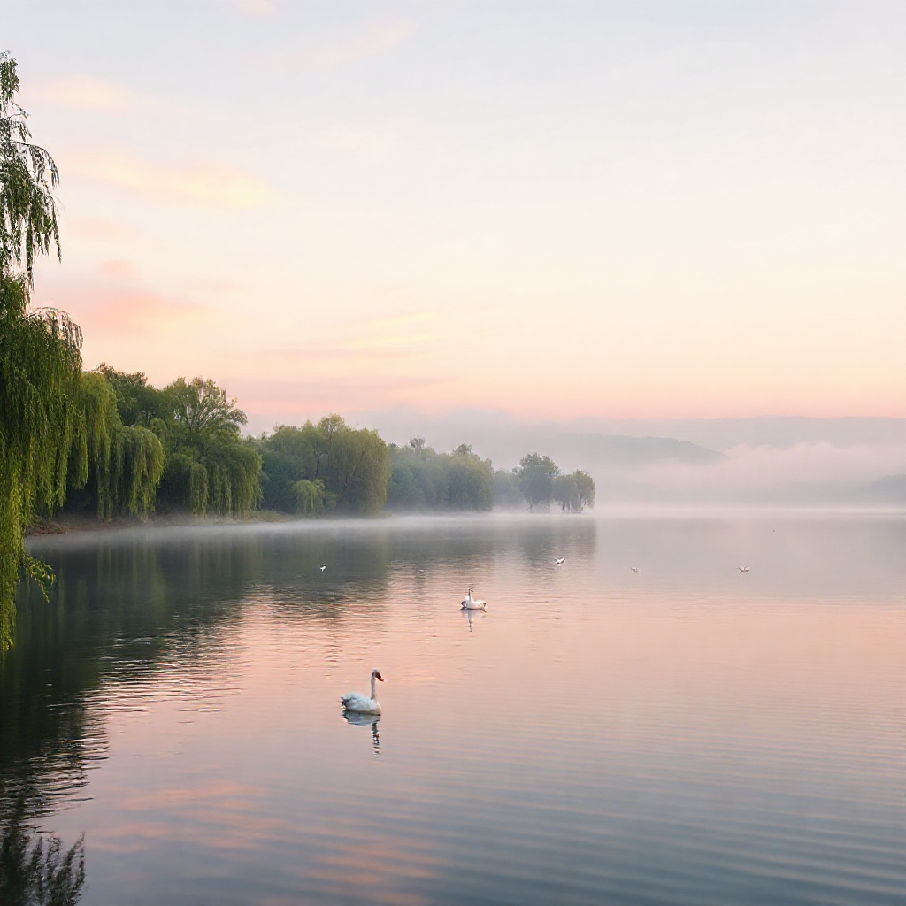 A calm lake at sunrise with mist rising from the water