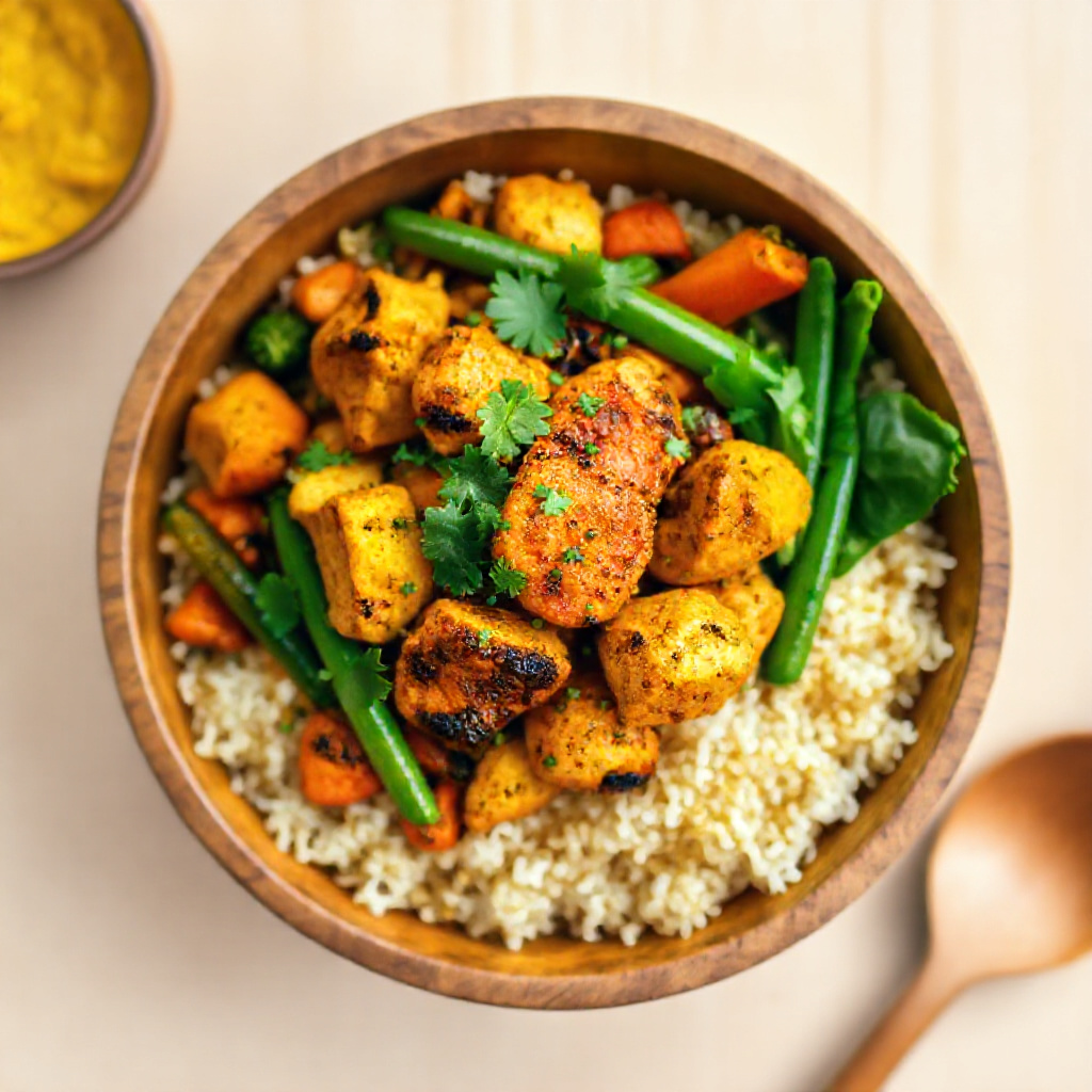 Spicy Turmeric Chicken Bowl with brown rice and veggies