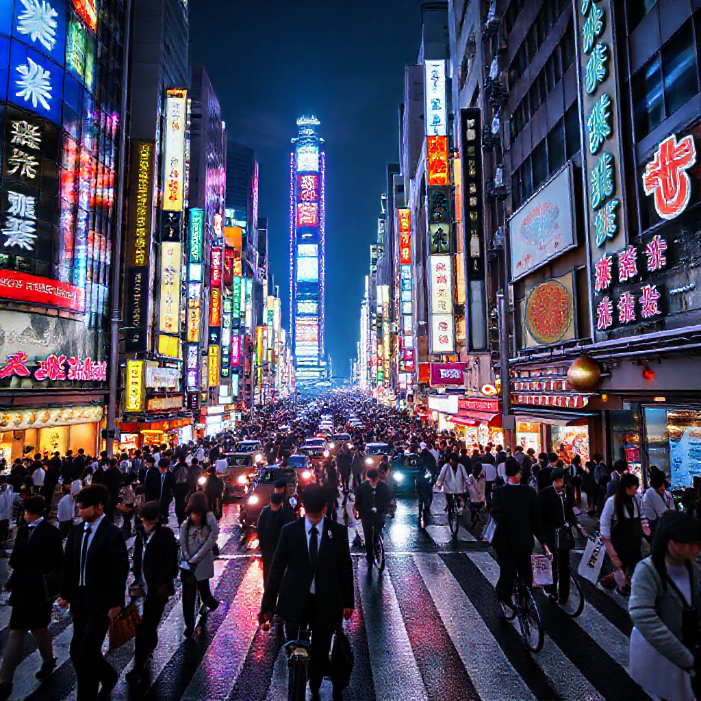Tokyo's skyline and bustling streets at night