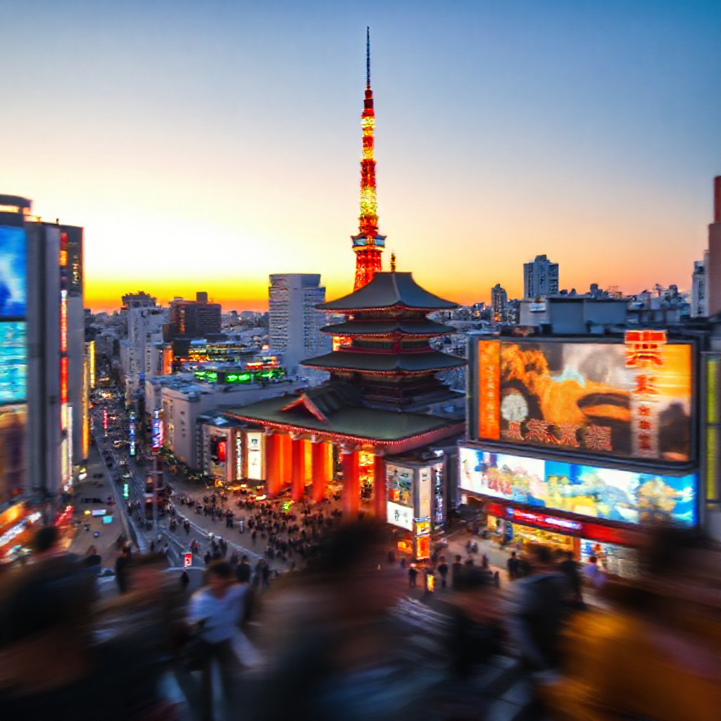 Tokyo's iconic skyline at sunset