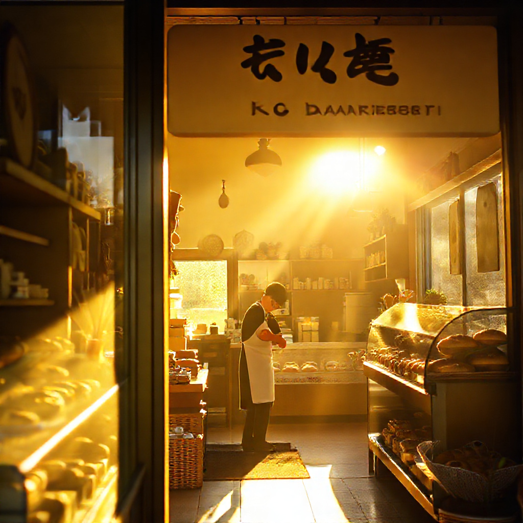 Takumi at his bakery, bathed in golden morning light