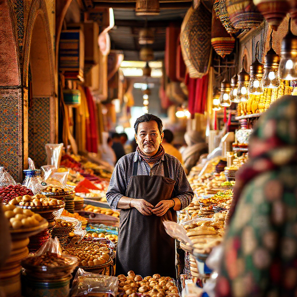 Takumi in a Moroccan market, speaking with a spice vendor